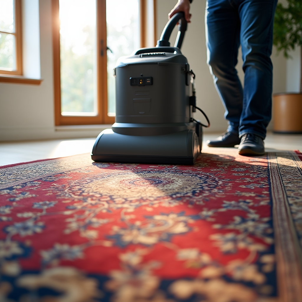 Trattamento professionale con vapore su un tappeto orientale a fibre lunghe